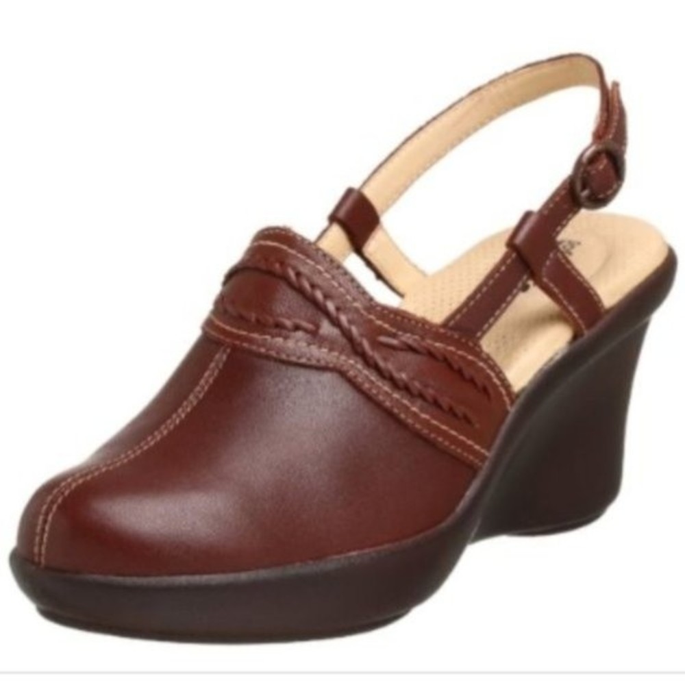 SoftWalk Shoes Size 7.5 N Narrow Mules Sling Back Clogs Wedge Brown Leather